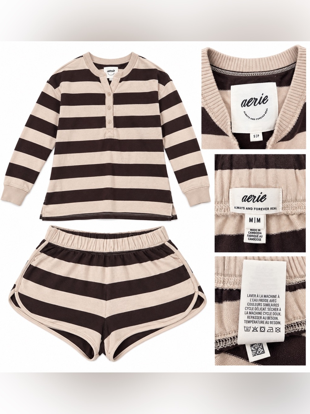 aerie Beige and Dark Brown Striped Short Lounge Set